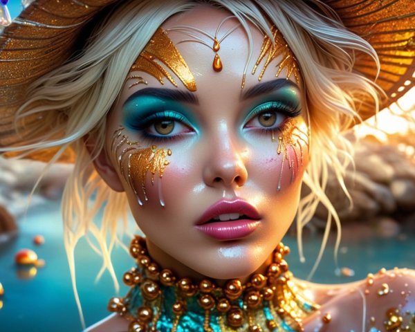 Close-Up of Woman with Metallic Makeup and Hat