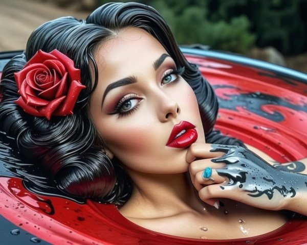 Pin-Up Style Woman in Red and Black Liquid Setting