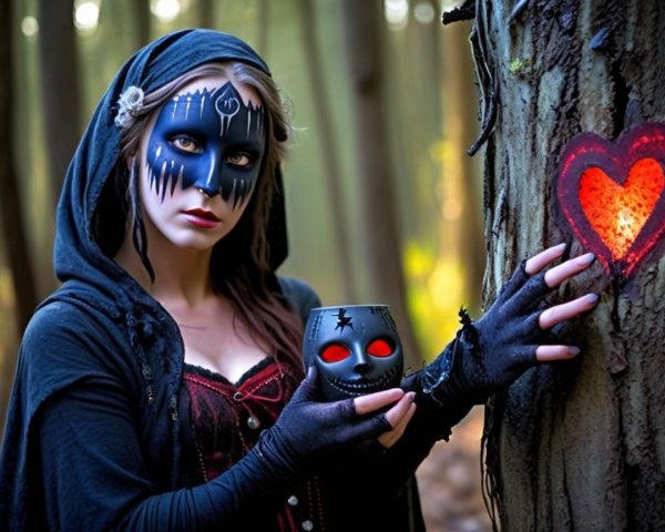 Mysterious Figure in Cloak with Crimson Dress in Forest