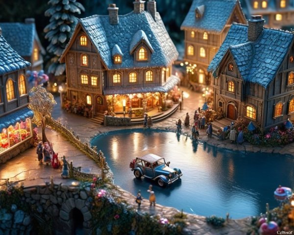 Miniature Christmas Village Scene with Illuminated Details