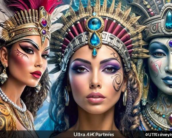 Three Women in Elaborate Headdresses and Makeup