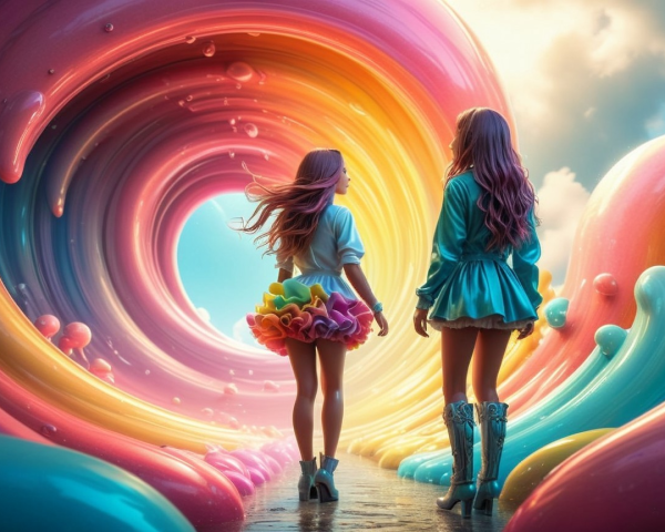 Girls at Colorful Tunnel Entrance with Pastel Sky