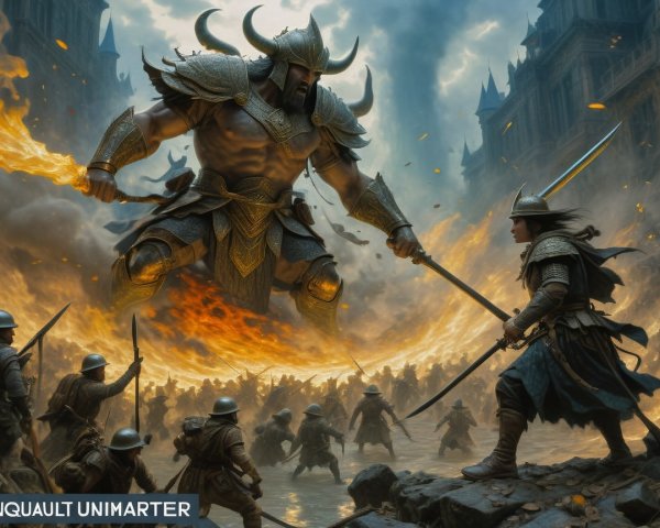 Colossal Warrior and Armored Soldiers in Epic Battle