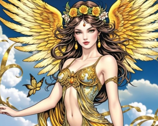 Majestic figure with golden wings in blue sky