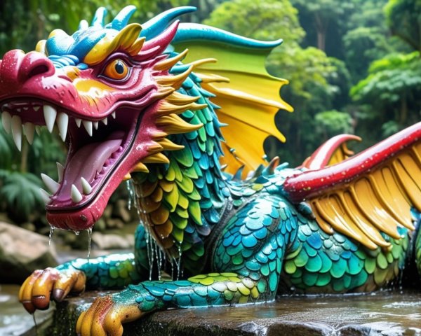 Colorful dragon sculpture in lush tropical setting