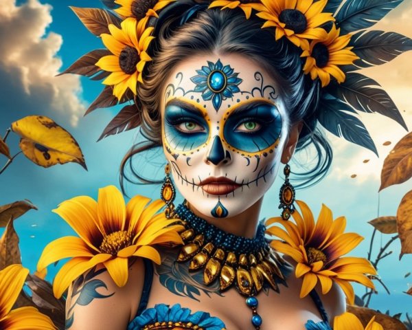 Woman in Day of the Dead Festive Attire and Makeup