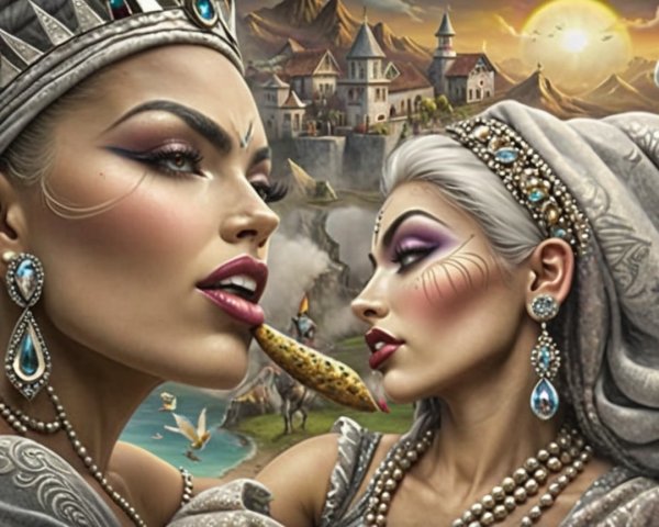 Elegant Women in Regal Attire Against Scenic Backdrop