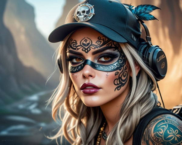 Silver-haired figure with facial tattoos and headphones