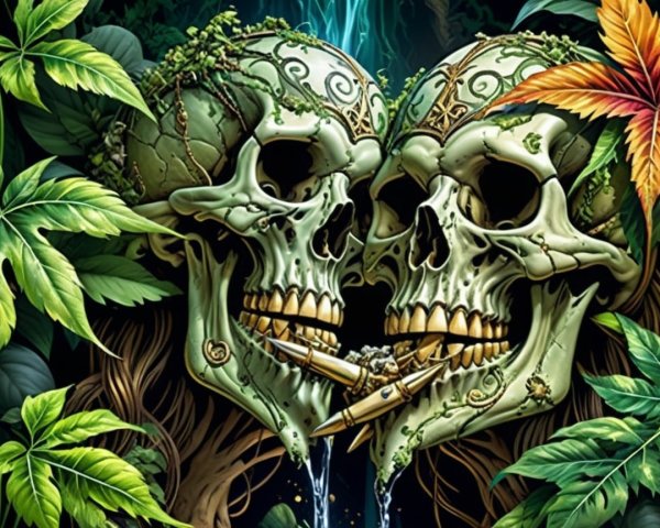 Intricately Designed Skulls Surrounded by Lush Greenery