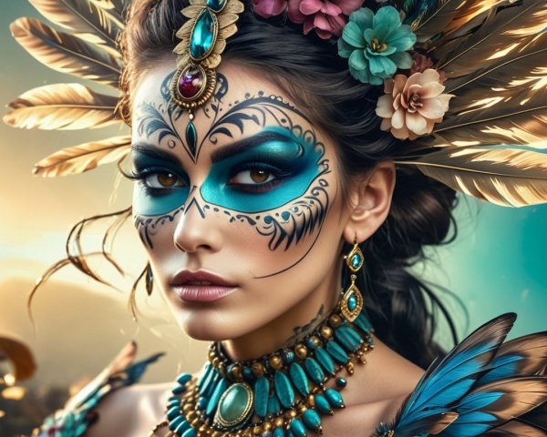 Portrait of a woman with vibrant makeup and headdress