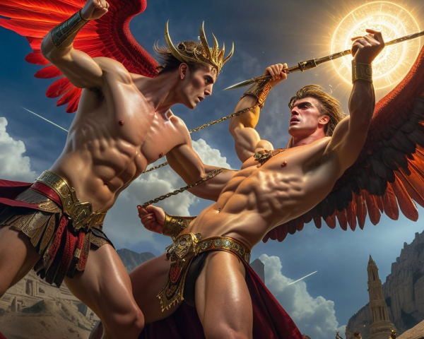 Mythical Battle of Winged Titans in Mountainous Setting