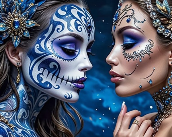 Women with Intricate Face Paint Against Blue Background