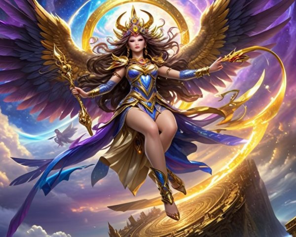 Majestic Cosmic Figure in Ornate Armor and Wings