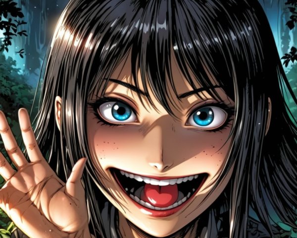 Young woman with dark hair and blue eyes in nature