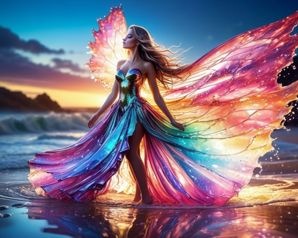 Stunning figure in gown with butterfly wings at sunset