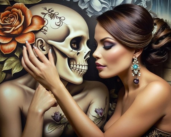 Elegant Woman with Skull and Floral Background