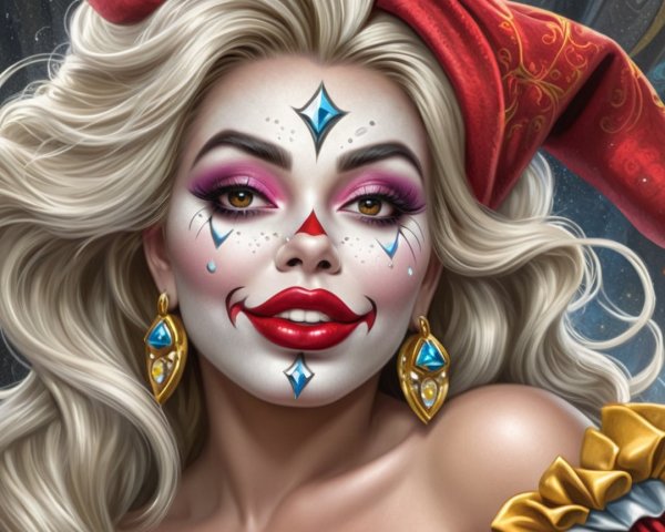 Glamorous Clown Character with Striking Makeup Details
