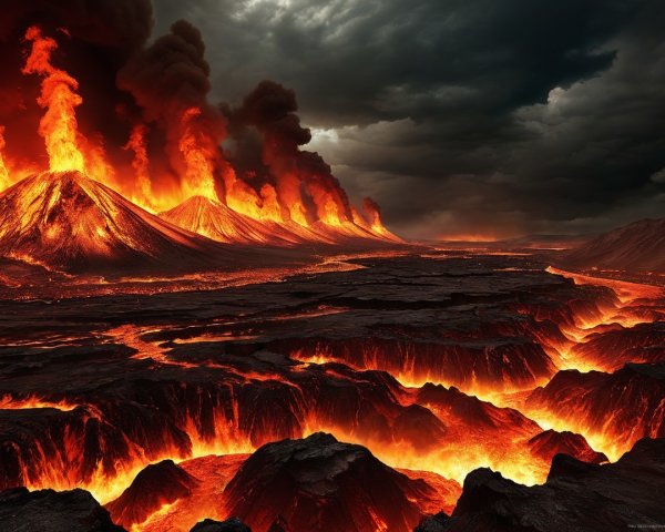 Dramatic Landscape of Erupting Volcanoes and Lava