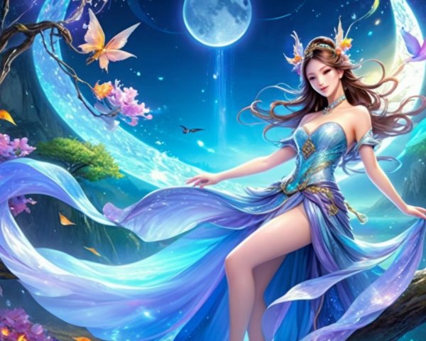 Graceful figure in blue gown in serene moonlit landscape