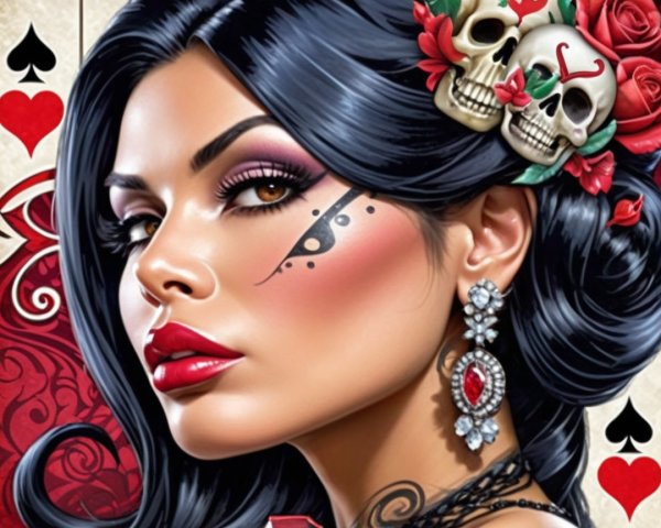 Striking Woman with Roses, Skulls, and Card Motifs
