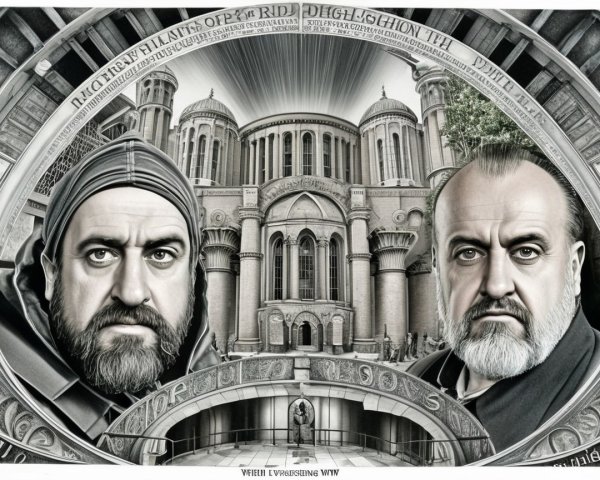 Stern Men Against Grand Cathedral Architecture