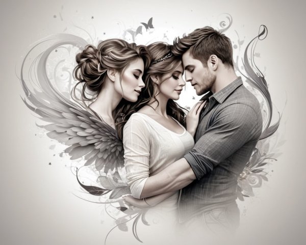 Romantic Embrace Surrounded by Ethereal Elements