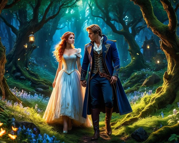 Couple in Enchanted Forest Surrounded by Nature