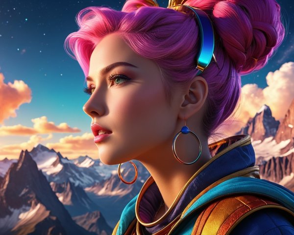 Futuristic woman with pink hair in mountain sunset scene