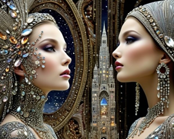 Elegant women in jewelry with a starry backdrop