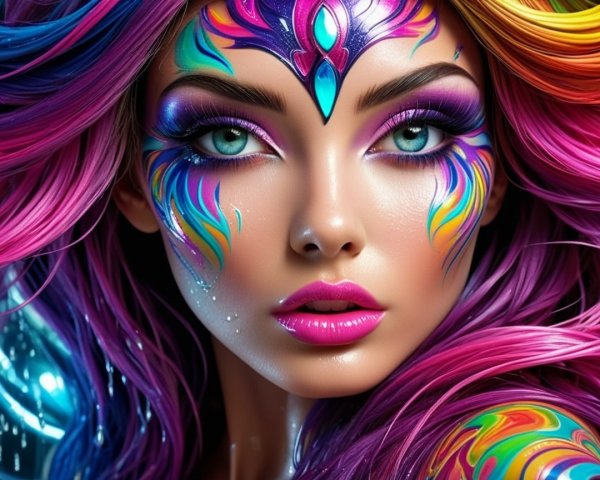 Close-Up Portrait of a Woman with Colorful Hair and Face Paint