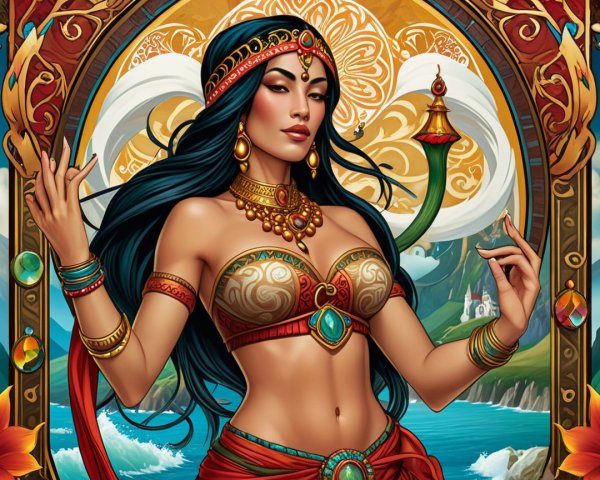 Illustration of a Woman in Colorful Jewelry and Landscape