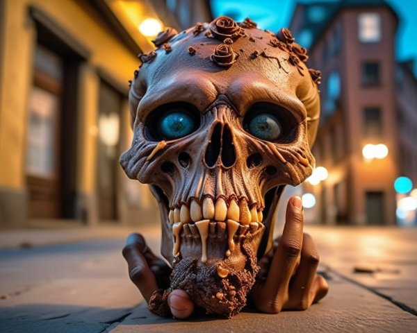 Chocolate Skull with Decorative Rose Motifs at Night