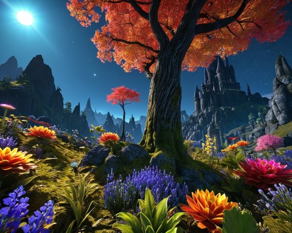 Majestic tree and colorful flowers under starlit sky