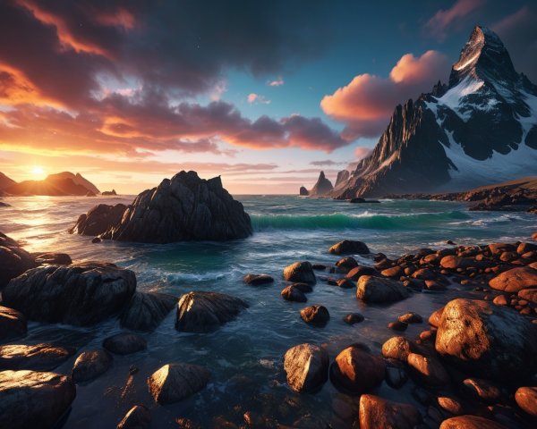Coastal Sunset with Snow-Capped Mountains and Waves