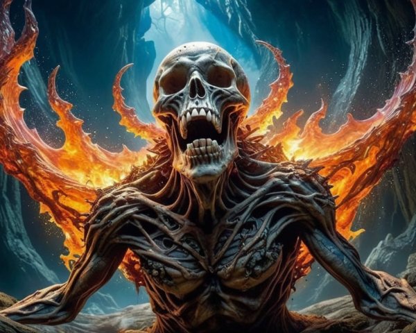 Skeletal Figure with Flames in Dark Environment