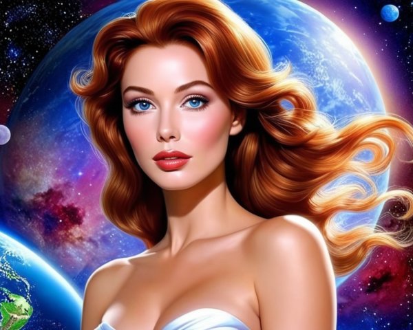 Woman with Red Hair in Cosmic Background
