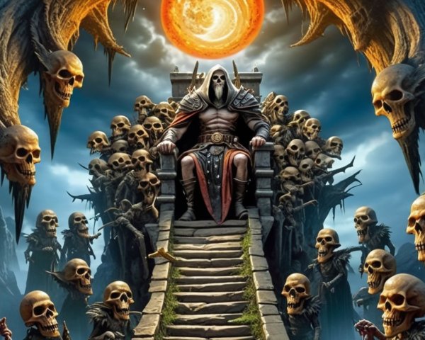 Skeletal Figure on Throne Surrounded by Skulls and Shadows