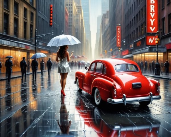 Vibrant City Scene with Stylish Woman and Classic Car