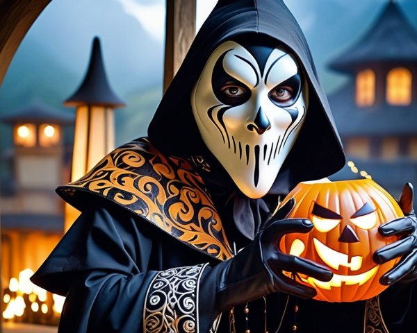 Cloaked Figure with Skull Mask in Eerie Halloween Scene
