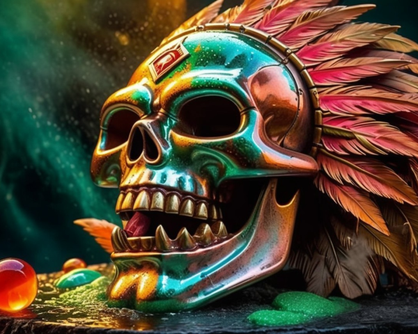 Vibrant Skull Design with Colorful Feathers and Orbs