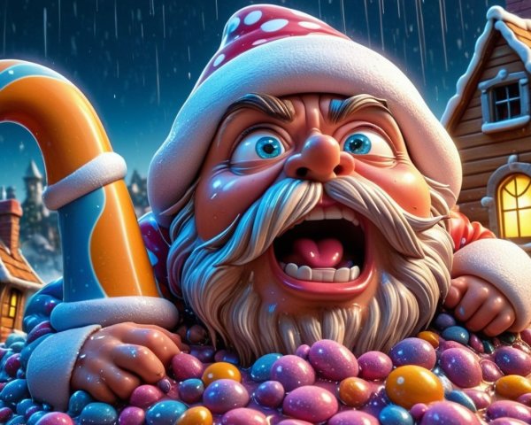 Whimsical Santa-like Character Surrounded by Candy