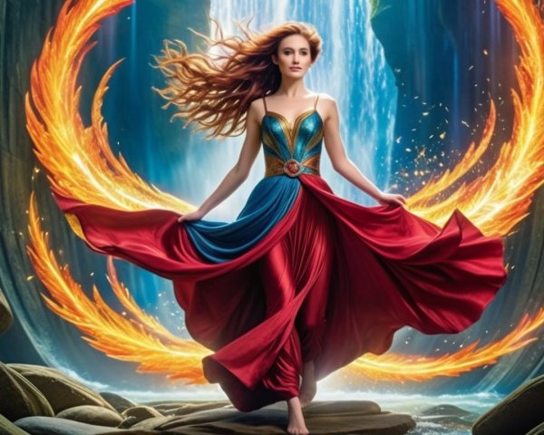 Vibrant Gown and Fiery Wings in a Fantastical Scene