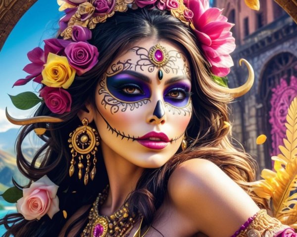 Intricate Sugar Skull Makeup with Floral Headdress