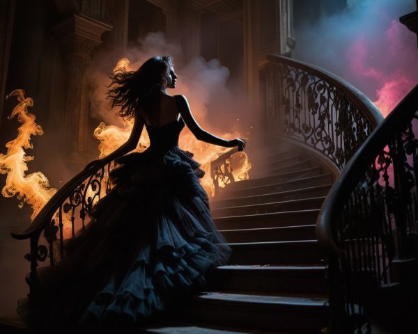 Dramatic Scene on Grand Staircase with Flames and Gown