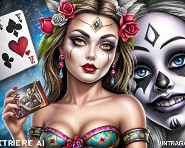 Woman with Roses, Colorful Attire, and Playing Card
