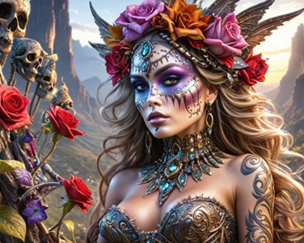 Elaborate Makeup and Jewelry in Mystical Landscape