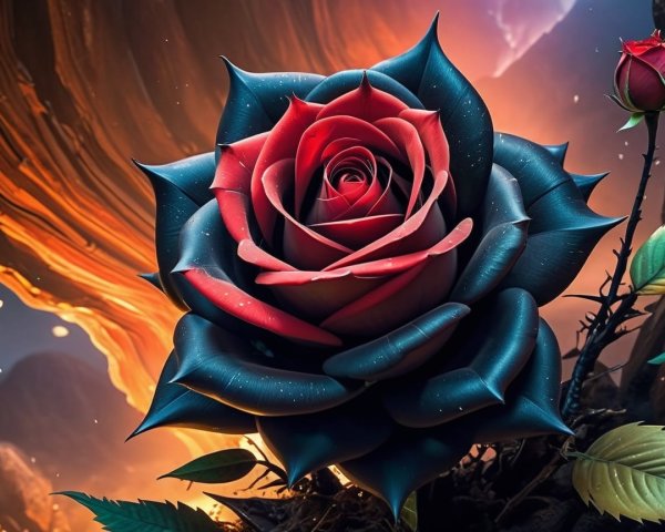 Oversized red rose with black edges in surreal setting