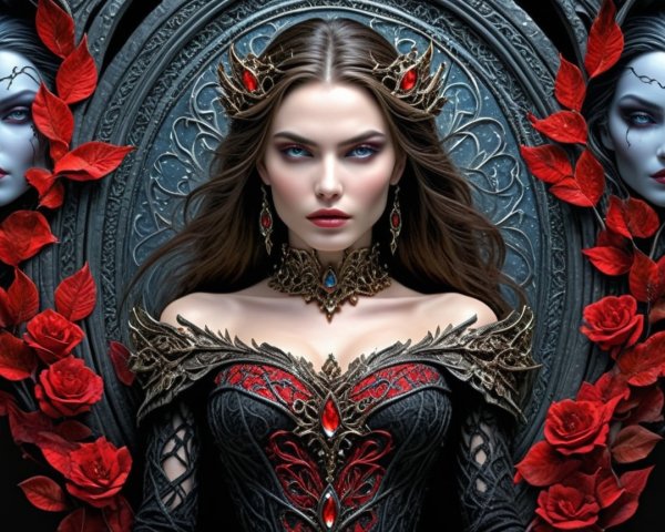 Gothic Figure in Black and Red Gown with Roses