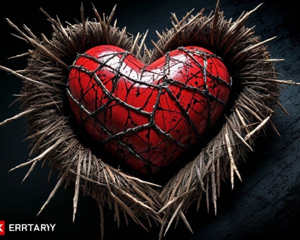 Red Heart Surrounded by Thorny Wreath on Dark Background