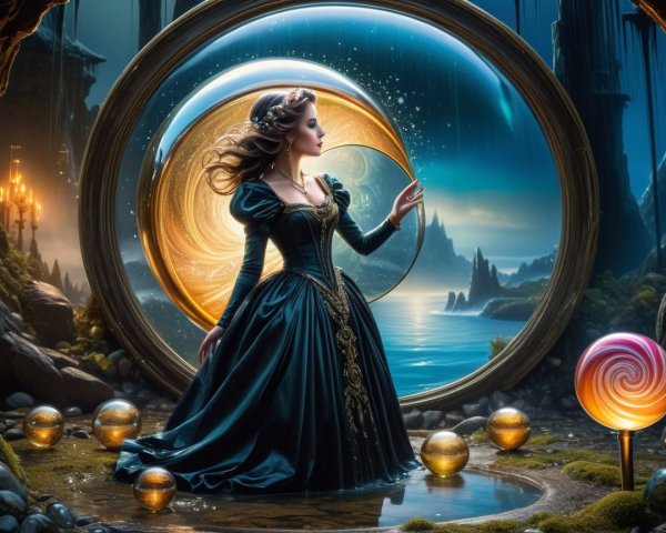 Woman in Black Gown Before Ornate Magical Portal